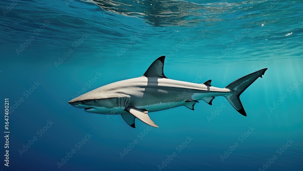 Fototapeta premium A shark swimming underwater with a blue ocean background.