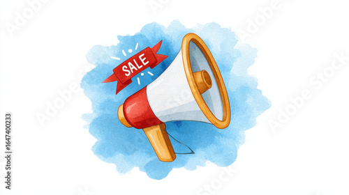 Vibrant watercolor illustration of megaphone with red SALE banner, set against blue watercolor splash background. design conveys excitement and urgency, ideal for promotional materials