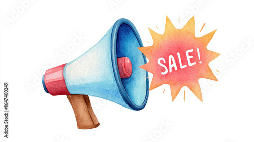 Watercolor illustration of blue megaphone with wooden handle, emitting bright orange starburst with word SALE in bold white letters. design is vibrant and eye catching