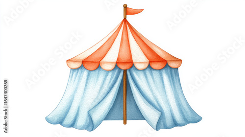 Colorful circus tent with red and white striped roof and blue draped curtains, featuring small flag on top, evokes cheerful and festive atmosphere