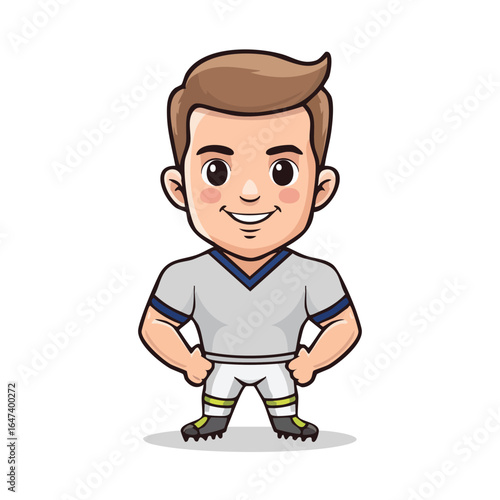 Cartoon illustration of a smiling soccer player in a grey and white uniform with a confident pose.