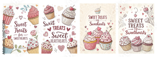 Colorful illustrations of cupcakes and sweet treats for sweethearts in a charming, whimsical style.
