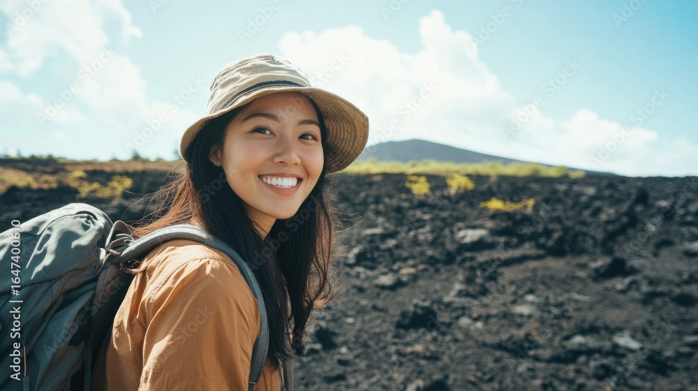 Naklejka premium Joyful asian woman exploring volcanic landscape with backpack and sun hat