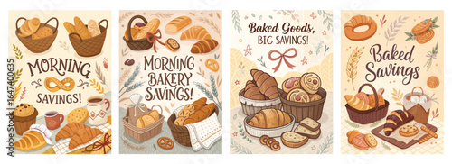 Illustrative bakery savings advertisement featuring various baked goods and cheerful designs.