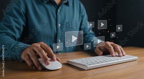 Wallpaper Mural Man Using Computer Mouse and Keyboard with Video Play Icons Floating Above in Dark Office Setting Torontodigital.ca