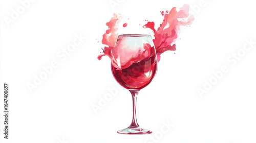 Wine glass with vibrant splash of red wine, creating dynamic and artistic effect. clean white background enhances focus on vivid red tones and fluid motion of splash