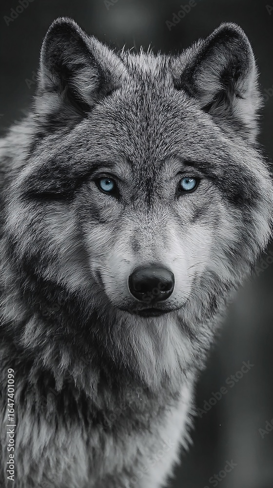 Fototapeta premium Strikingly Blue-Eyed Wolf Showcased in Dramatic Soft Lighting