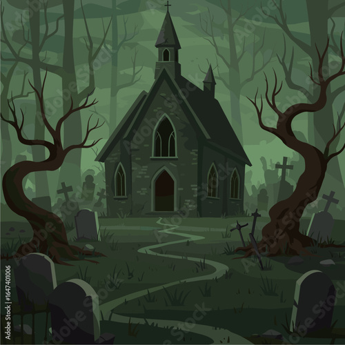 Spooky Halloween Night Landscape with Haunted Houses, Ghosts, Bats, and Jack-o'-Lanterns Illustration