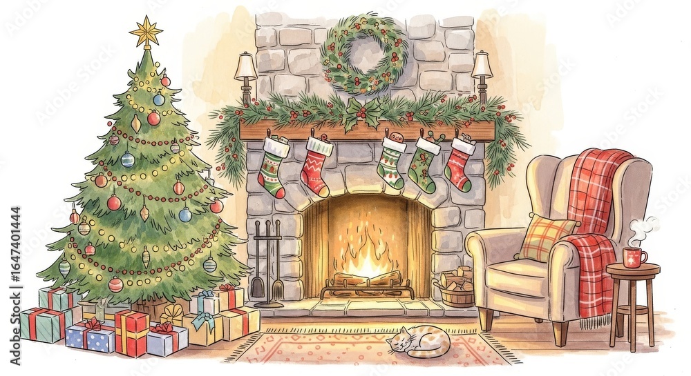 Fototapeta premium Cozy Christmas Fireplace Tree Watercolor