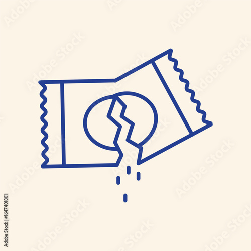 Cracked egg spilling from opened package, simple line art illustration representing food or ingredient loss