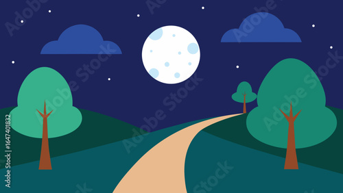 Full moon and stars illuminate a dark night sky over a city landscape, casting a soft moonlight glow on the trees and sea