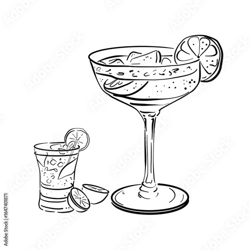 Hand drawn doodle illustration of two cocktails: margarita and shot glass. Fun vector drawing of drinks. Party and celebration theme. Good for menu