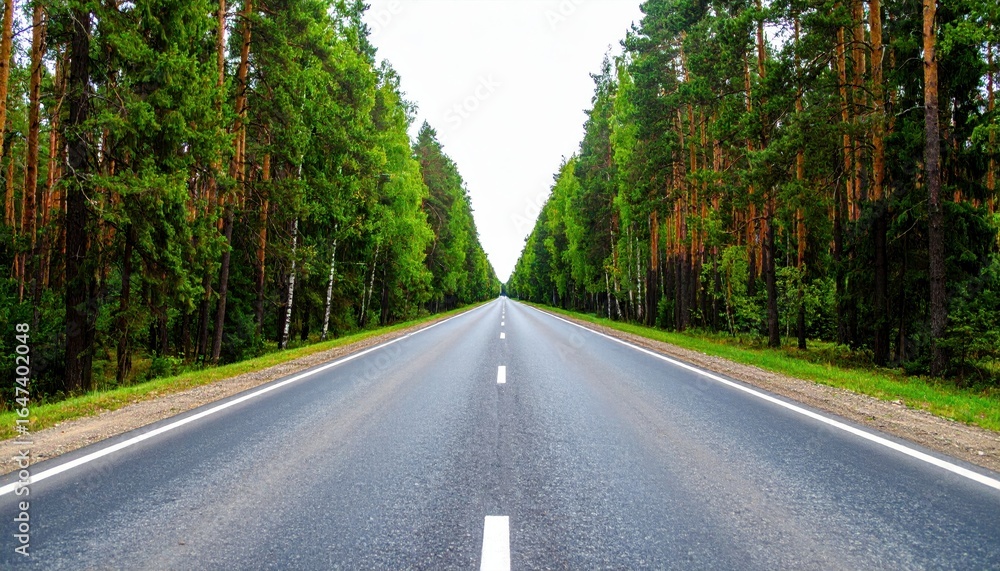 Fototapeta premium Straight road through a vibrant green forest, lined with tall trees under a clear blue sky.