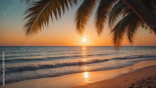 Sunset over the ocean with palm trees in the foreground, showcasing a serene beach scene during dusk.