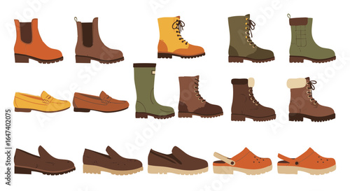 Fall footwear flat icon set vector isolated autumn shoes