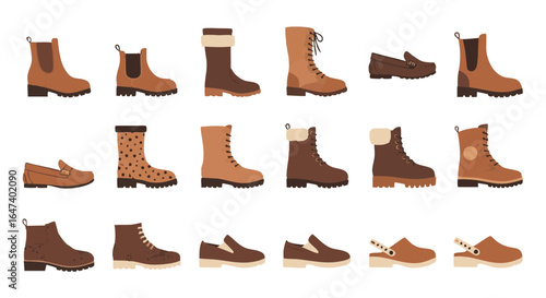 Fall footwear flat icon set vector isolated autumn shoes