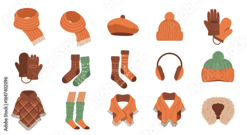Fall accessories flat icon set vector isolated scarves hats