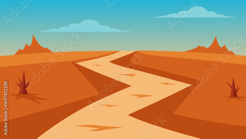 A long desert road cuts through the golden sand dunes of a vast, arid landscape under a vibrant sky