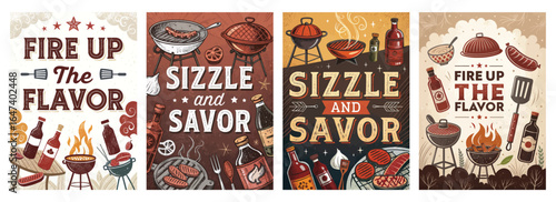 A vibrant collection of barbecuing-themed illustrations featuring grills, food, and beverages.