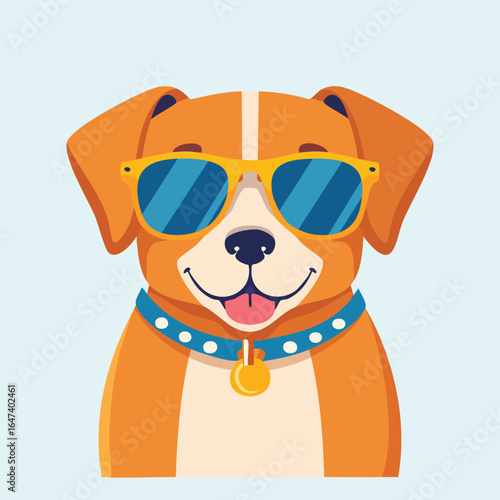 A cheerful cartoon dog wearing sunglasses, smiling with a happy expression, and a blue collar.