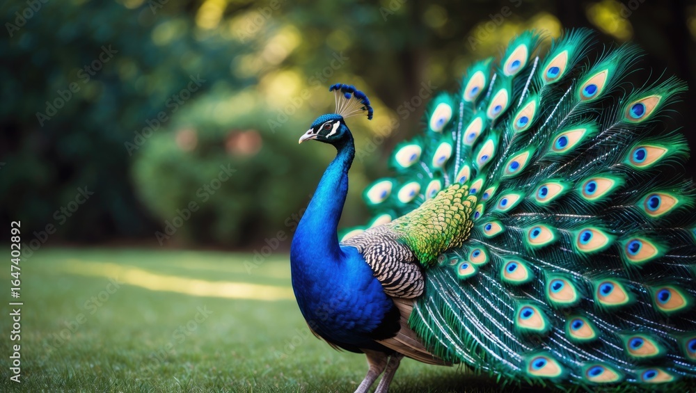 Fototapeta premium Peacock with vibrant feathers standing on grass in a natural setting. Wildlife and bird photography, nature scene. The beauty of peacocks and their colorful plumage.