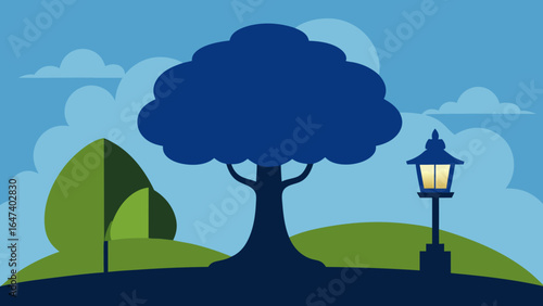 Nature landscape illustration of green trees and rolling hills under a sunny sky with clouds