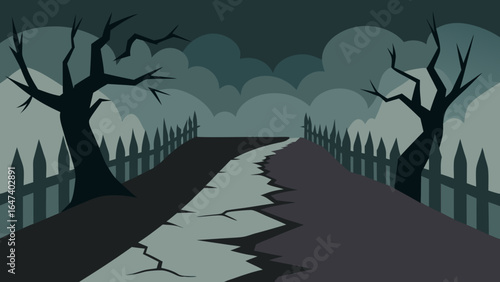 Dark, spooky forest landscape with black tree silhouettes against a moonlit night sky, perfect for a Halloween illustration