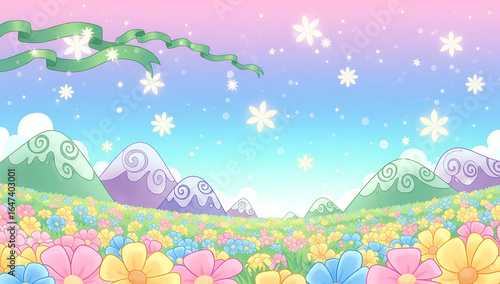 Dreamy spring landscape with a blooming meadow of colorful flowers and fanciful mountains under a whimsical pastel sky with floating star-like blossoms.