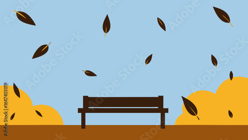 Halloween holiday cartoon illustration with a brown wooden bench decorated with pumpkins in an autumn park