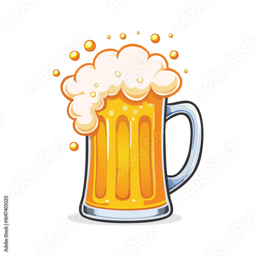 A detailed illustration of a full beer mug with frothy foam and bubbles, ready to drink.
