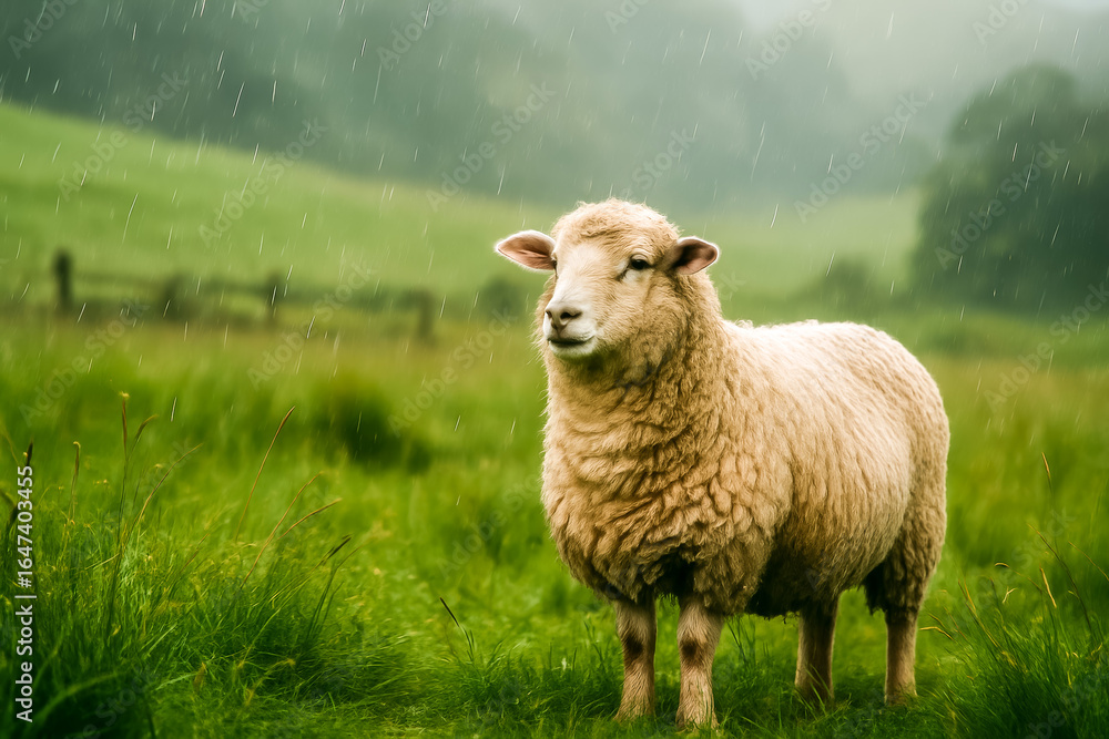 Obraz premium Sheep standing in rain amidst lush green landscape meadow