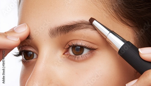 Close up of a teen eyebrow being shaped with spoolie and trimmer on plain white background