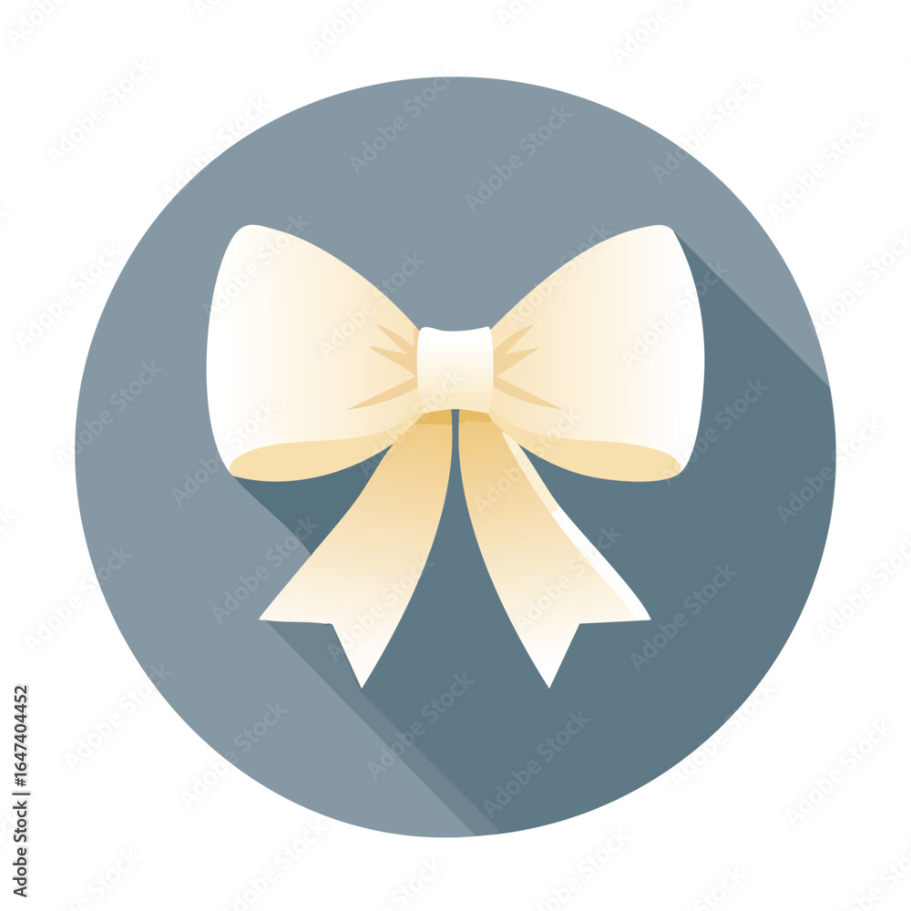 A detailed illustration of a cream-colored bow with long shadows on a gray circle. A detailed illustration of a cream-colored bow with long shadows on a gray circle.
