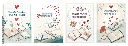 Charming illustrations promoting book donation, with open books, glasses, and a heartwarming theme.