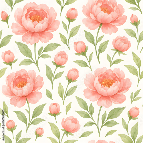 Floral Melody: Captivating repeat pattern of pastel-hued peony blossoms and verdant foliage, offering a seamless visual experience.