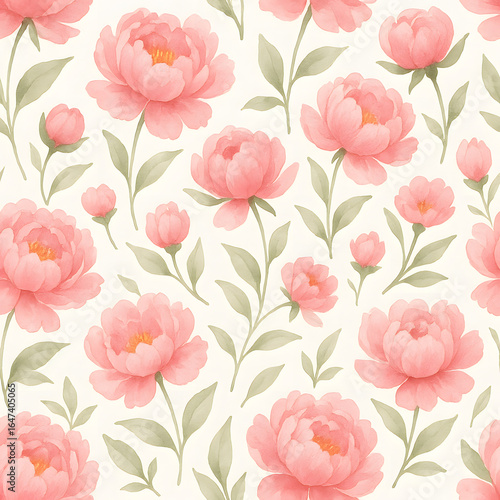 Peony Bloom Pattern: A repeating pattern of elegant peony blooms in full bloom and delicate buds, with verdant green leaves, against a soft backdrop, creating a seamless design.
