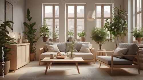 Modern minimalist living room with indoor plants in Scandinavian style interior design