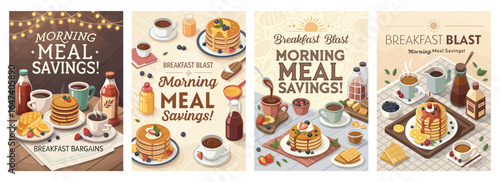 Colorful breakfast promotion featuring pancakes, coffee, and syrup, emphasizing morning meal savings.