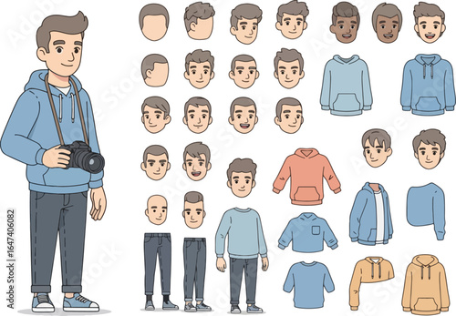 Cartoon man character with interchangeable parts for design and animation.