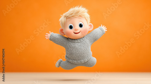 Energetic 3D cartoon illustration of a baby jumping, perfect for playful and joyful themes in design projects.