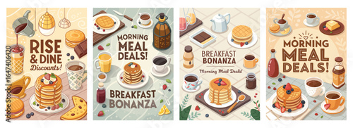 Delicious breakfast promotions featuring pancakes, syrup, and coffee, perfect for morning meals.