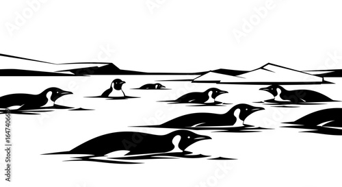 penguins swimming in antarctic waters a striking black and white illustration for conservation travel or wildlife projects