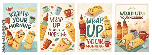 Fun cartoon illustrations promoting breakfast wraps and coffee, featuring bright colors and cheerful designs.