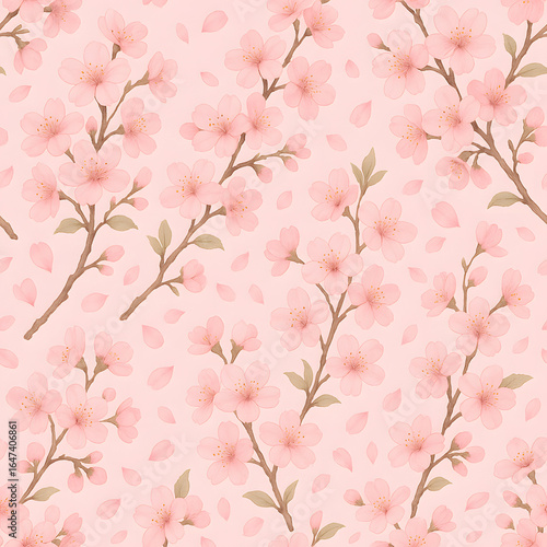 Blossom Bloom: A seamless pattern of delicate cherry blossoms, showcasing pastel pink flowers against a complementary soft pastel backdrop.