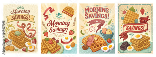 Colorful illustrations of waffles with various toppings, showcasing morning savings in a playful design.