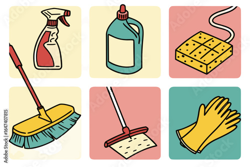 Various cleaning items like a broom, spray bottle, and sponge