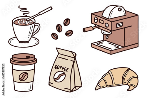 Coffee icons cup, espresso machine, grinder, beans, croissant, paper cup