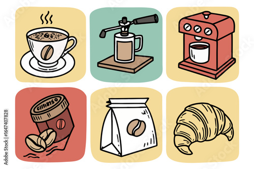 Coffee shop icons cup, espresso machine, grinder, beans, croissant