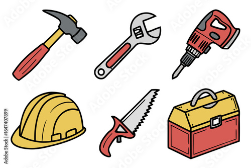 Collection of construction tools including hammer, wrench, jackhammer, saw, helmet