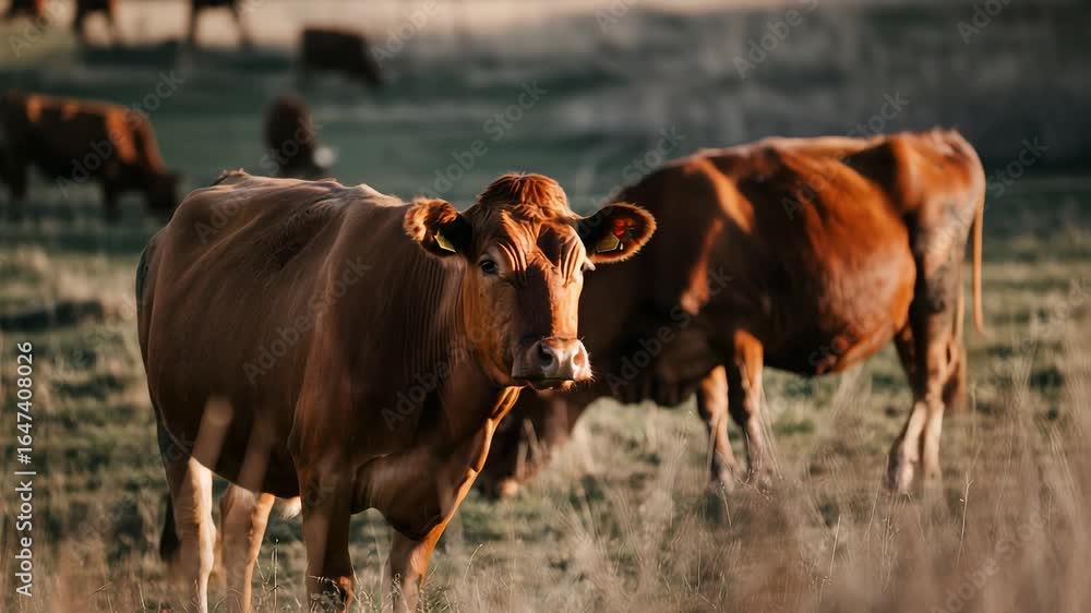 Brown cows grazing in a sunlit rural pasture with dry grass and blurred background in a peaceful countryside farm setting Brown cows grazing in a sunlit rural pasture with dry grass and blurred background in a peaceful countryside farm setting